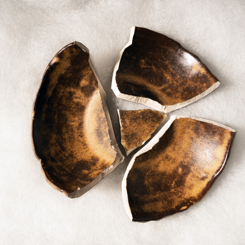 A broken ceramic bowl with its pieces laid out on a soft surface, symbolizing the concept of breaking open rather than being broken.