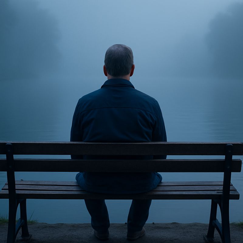 Middle-aged man sitting alone on a bench facing a foggy blue lake