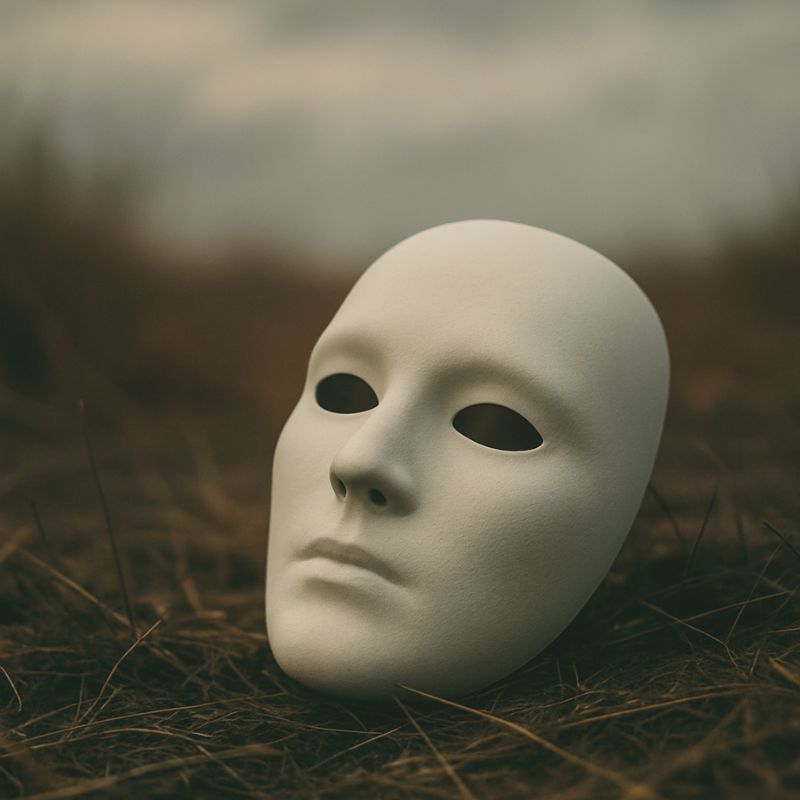 A white, featureless mask lying in dry grass, representing the idea of ego as a false identity we carry unknowingly.