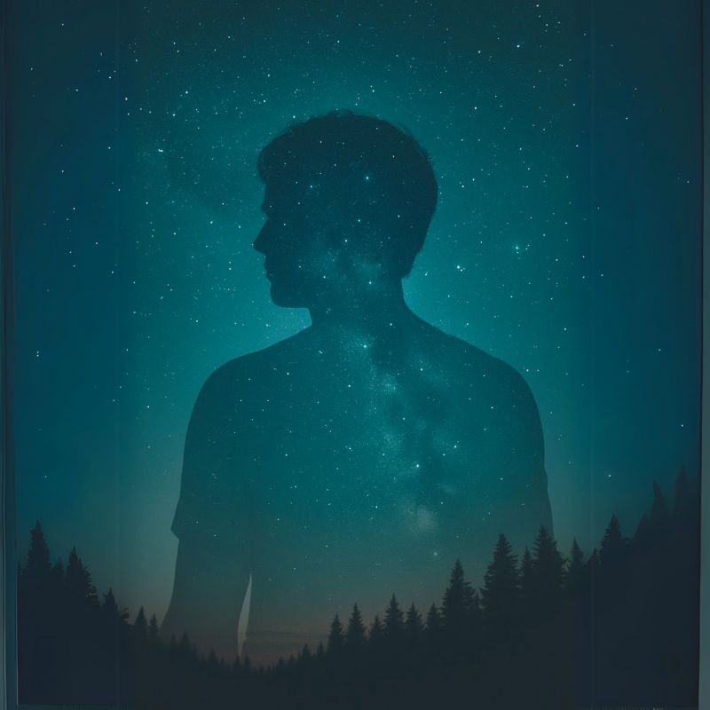 Silhouette of a person blending into a starry night sky and forest — representing the imaginary self and our deeper connection to the universe.