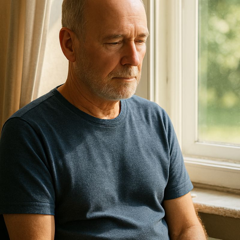 An older man sitting quietly by a sunlit window, reflecting during a moment of low mood and physical pain.