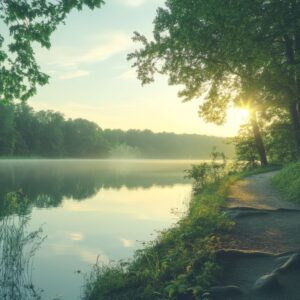 A sunlit forest path along a calm lake at sunrise, symbolizing peace, reflection, and the quiet acceptance of loss.