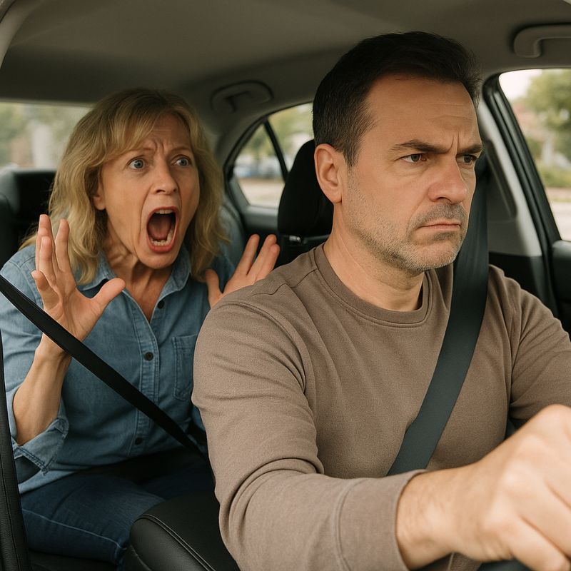 Frustrated man driving while a woman yells from the backseat, representing overthinking and the noisy backseat driver in the mind.