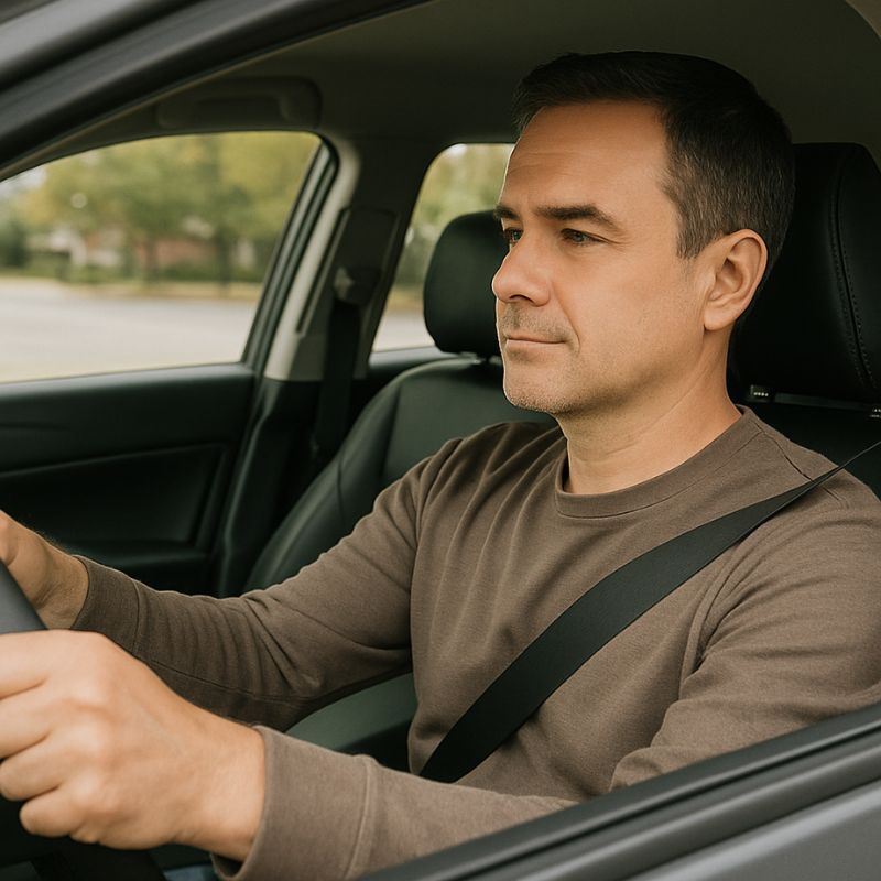 Calm middle-aged man driving alone, representing freedom and clarity after overthinking quiets down.