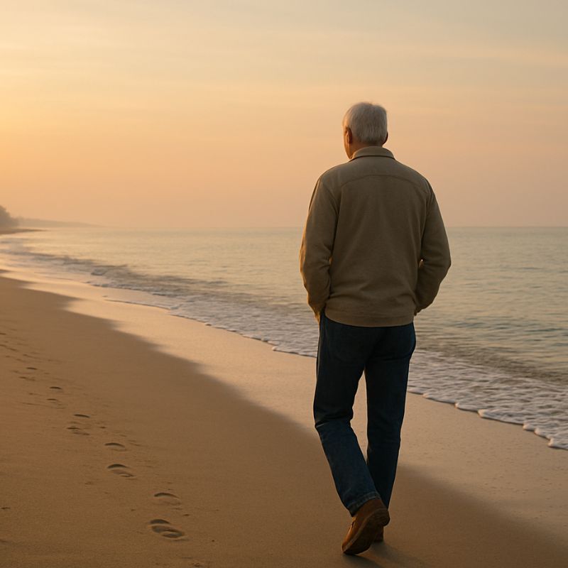 Older man walking alone on a quiet beach at sunrise, reflecting on retirement and the next chapter of life.